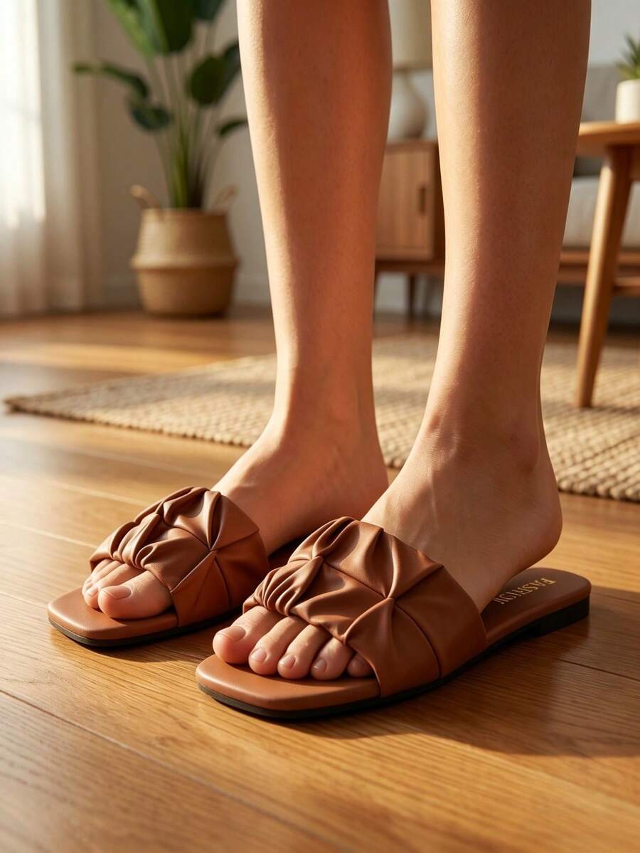 Women's Brown Ruched Strap Flat Slide Sandals, Square Open Toe Slip-On Slippers, Casual Summer Beach & Vacation Footwear - Brown - View 1