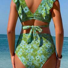 Momance Conjunto de bikini con cuello en V con volantes de cintura alta y estampado floral para embarazadas - Multicolor - Ver 8