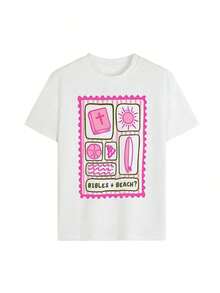 Women's "Bible + Beach" Pink And Green Plaid Graffiti Print Top, Short Sleeve, Loose Fit, Soft And Breathable Fabric, Sweet American Style, Suitable For Summer, Beach, Church Visits And Casual Outings With Friends - 白色 - 查看 4