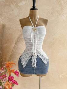 Camiseta asimétrica con decoración de conchas marinas, adecuada para vacaciones en la playa, verano - Blanco - Ver 7