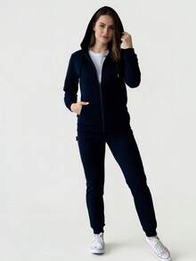 女款法式毛圈布連帽拉鍊運動衫，羅紋袖口與下擺收邊，尺寸 XS–10XL，適合春、夏、秋季穿著 - 藏蓝色 - 查看 3