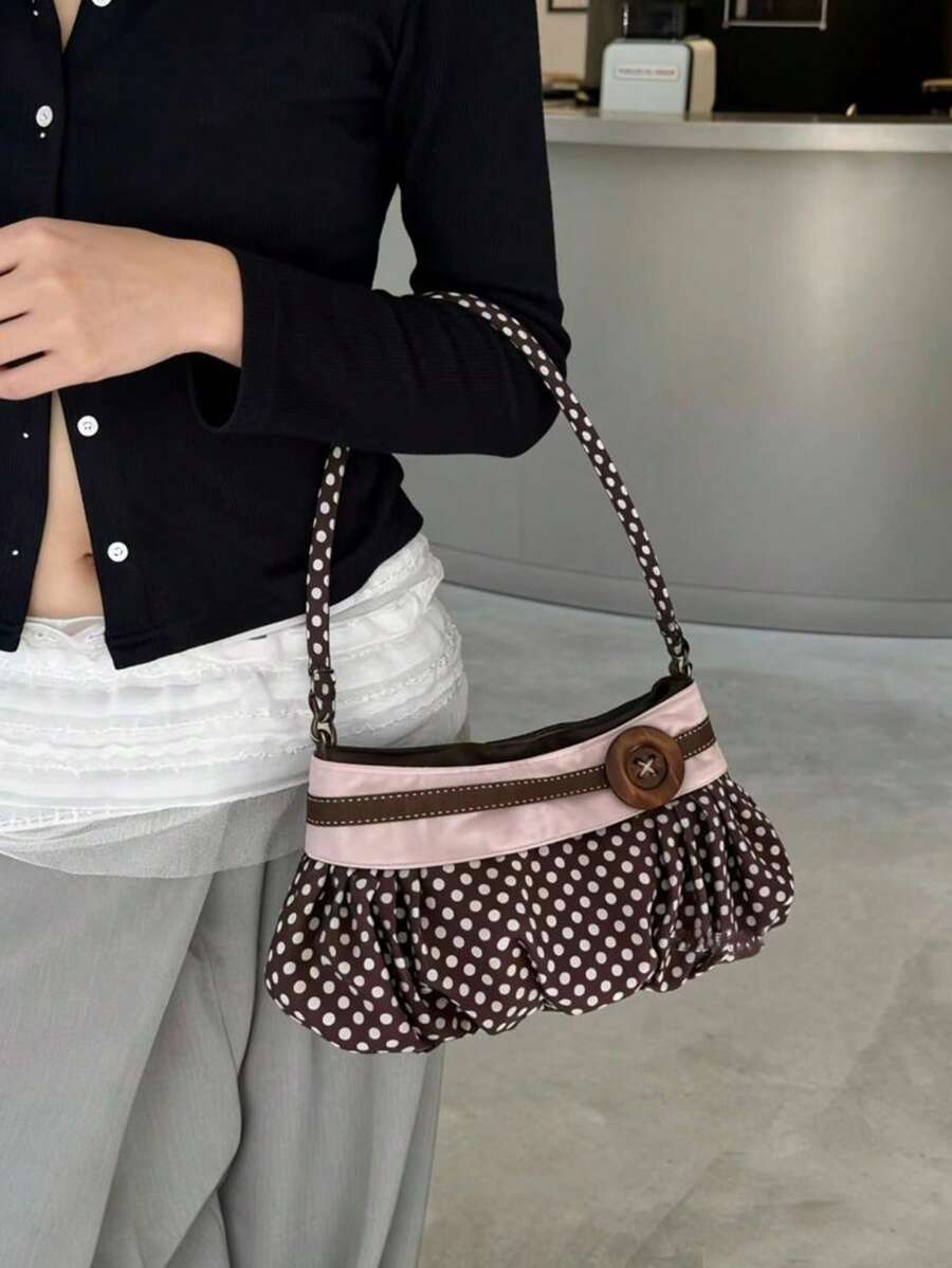 2026 New Retro Polka Dot Underarm Bag, Gentle Ruched Cloud Decor Button Accent Soft Sweet Girl Shoulder Bag - Brown - View 1