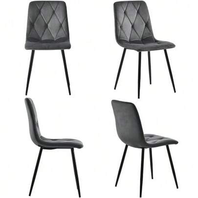 Dining Chair (4 Pieces), Dark Gray, Set Of 4 Designer Upholstered Chairs, Velvet Twill Dining Chair, Kitchen Chair With Backrest, Velvet Seat, Metal Frame, Metal Legs