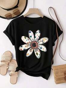1 Piece, Three Pack Women's Short Sleeve Crew Neck T-Shirts, Vintage Casual Sporty Style, With Heart And Flower Print, 180g, 100% Cotton, Designs Are Printed. Unisex. - 黑色 - 查看 2
