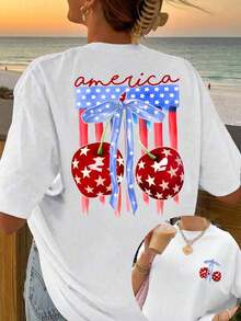 Camiseta blanca oversize para mujer con estampado patriótico de cerezas "America", estilo casual veraniego Camiseta juvenil estilo USA con cerezas y lazo - YH334-Blanco - Ver 1