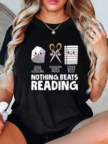 Women's "Rock, Paper, Scissors" Graphic T-Shirt - Casual Round Neck T-Shirt With Fun Reading And Video Game Print, Spring-Summer Fashion, Ladies' T-Shirts - Unisex Urban Vintage Style, Loose Fit Short Sleeve Round Neck Cotton T-Shirt, 100% Pure Cotton. - 黑色 - 查看 1
