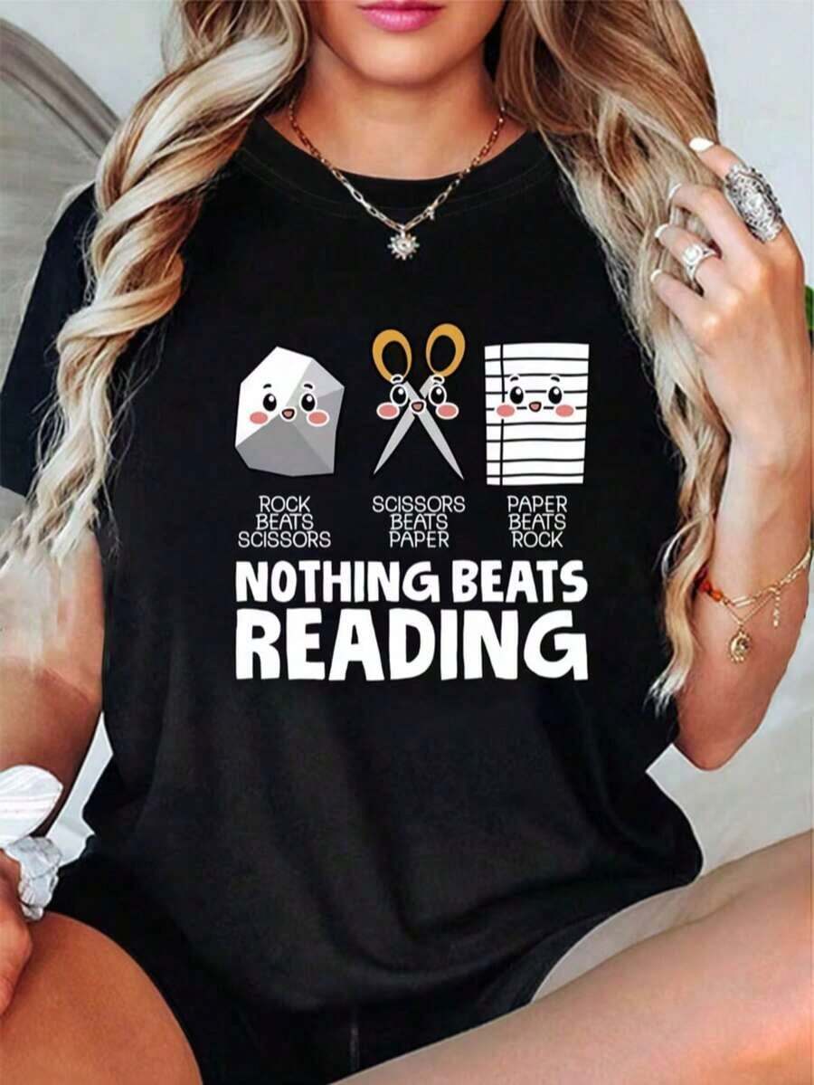 Women's "Rock, Paper, Scissors" Graphic T-Shirt - Casual Round Neck T-Shirt With Fun Reading And Video Game Print, Spring-Summer Fashion, Ladies' T-Shirts - Unisex Urban Vintage Style, Loose Fit Short Sleeve Round Neck Cotton T-Shirt, 100% Pure Cotton. - 黑色 - 查看 1
