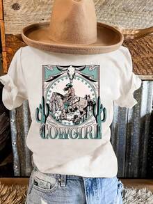 Cowgirl carta chica vaquero montar impresión hombro camiseta de manga corta tienda de la comunidad local en stock cabello rápido suave aodón comodidad disfrutar de descuento adecuado parascua, Halloween, Acción de Gracias y así sucesivamente - Blanco - Ver 2