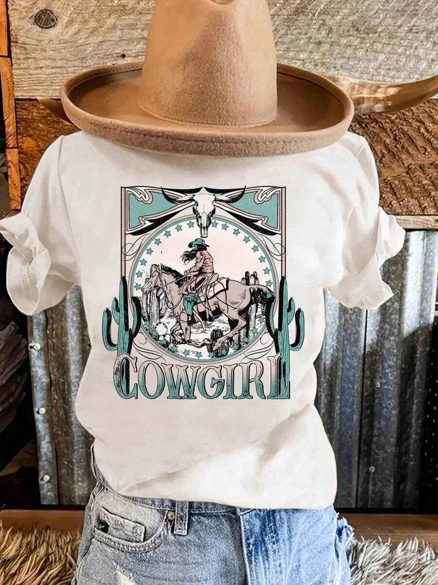Cowgirl carta chica vaquero montar impresión hombro camiseta de manga corta tienda de la comunidad local en stock cabello rápido suave aodón comodidad disfrutar de descuento adecuado parascua, Halloween, Acción de Gracias y así sucesivamente
