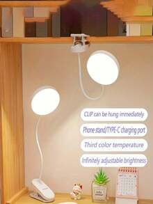 1pc LED Multi-Function 3-Color Desk Lamp, Plug-In/Rechargeable (800mAh Battery) Options, USB Clip-On Eye-Care Study Night Light, 360° Rotatable Reading Lamp, Suitable For Student Dorm, Bedroom, Classroom, Living Room, Bedside, Portable Desk Lamp - Clip-on Round Table Lamp - View 9