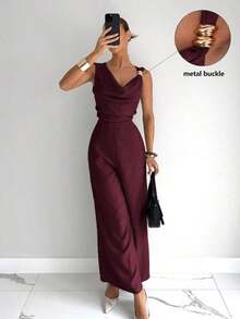 Mono con cuello asimétrico, cintura fruncida, botones metálicos decorativos, elegante y sexy para la oficina, vacaciones, playa, Hawái, con cuello drapeado - Burdeos - Ver 5