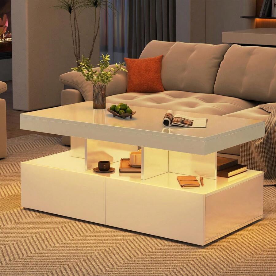 High Gloss Coffee Table For Living Room - Rectangle Centre Table With 2 Drawer Storage - Modern Wooden Tea Table - White - White - View 1