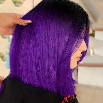 14inch Black To Purple Bob Wig Straight Shoulder Length Short BobCut Wig For Women Synthetic Fiber Hair Wig For Party HalloweenCosplay