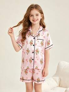Set Piyama 2 Potong untuk Anak Perempuan Remaja (Kemeja Lengan Pendek dan Celana Pendek Motif Bunga) - MultiWarna - View 4