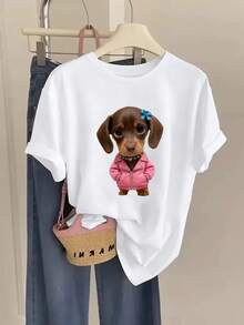Camiseta con Estampado de Cachorro Lindo y Chaqueta Rosa, Manga Corta, Cuello Redondo, Estilo Casual para Primavera y Verano, Ropa de Mujer Y2k - Negro - Ver 10
