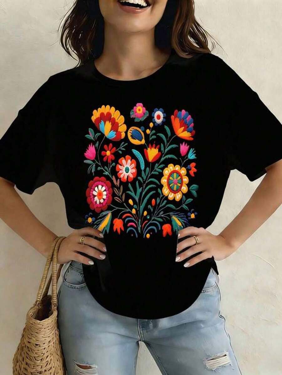 Camiseta ligera de mujer de estilo casual mexicano con estampado de flores, cuello redondo de manga cortara verano, ropa de vacaciones de verano, adecu para festivales y uso diario