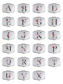 Square Pill Box With Pink Flower And Black Letter Pattern, Portable Medication Storage Compartment, Compact Jewelry And Pill Case, Portable Design, Creative Gift Suitable For Travel, Outdoor Activities, Giving To Family, Friends And Students, Easy To Open For Tablets, Perfect For Holiday Decoration Or Storing Small Items, Durable And Portable - Silver - View 4