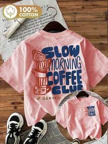 [Double-Sided Print] Women's Fashion Spring-Summer T-Shirt, Hand-Painted Style, Coffee Cup Print, SLOW MORNING COFFEE CLUB SERVED DAILY, Round Neck, Short Sleeve, 100% Cotton Women's T-Shirt [Chu K], Summer T-Shirts - 風格 - 查看 8