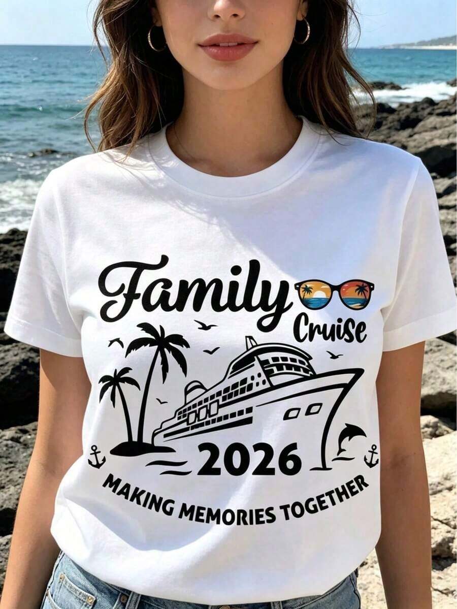 Camiseta de Viaje Familiar en Crucero 2026, Creando Hermosos Recuerdos Juntos, Camiseta de Vacaciones con Gafas de Sol, Conjuntos a Juego para Crucero Familiar, Camiseta de Aventura Oceánica, Nueva Camiseta de Primavera/Verano para Mujer - Ropa Elegante - Opción de Regalo Esencial 100% Algodón Puro - Blanco - Ver 1