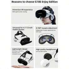 3D移动VR头显 - 可调节VR眼镜，提供高清沉浸式3D观看体验和逼真的游戏性能，配备舒适的鼻托和内置耳机，通用兼容/安卓智能手机，便携式虚拟现实眼镜，适用于电影和游戏 - 白色 - 查看 8
