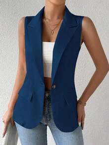Blazer sin mangas de estilo elegante de color verde oliva para mujer, chaleco casual con solapa y botón en tela tejida lisa, corte regular - Azul - Ver 5