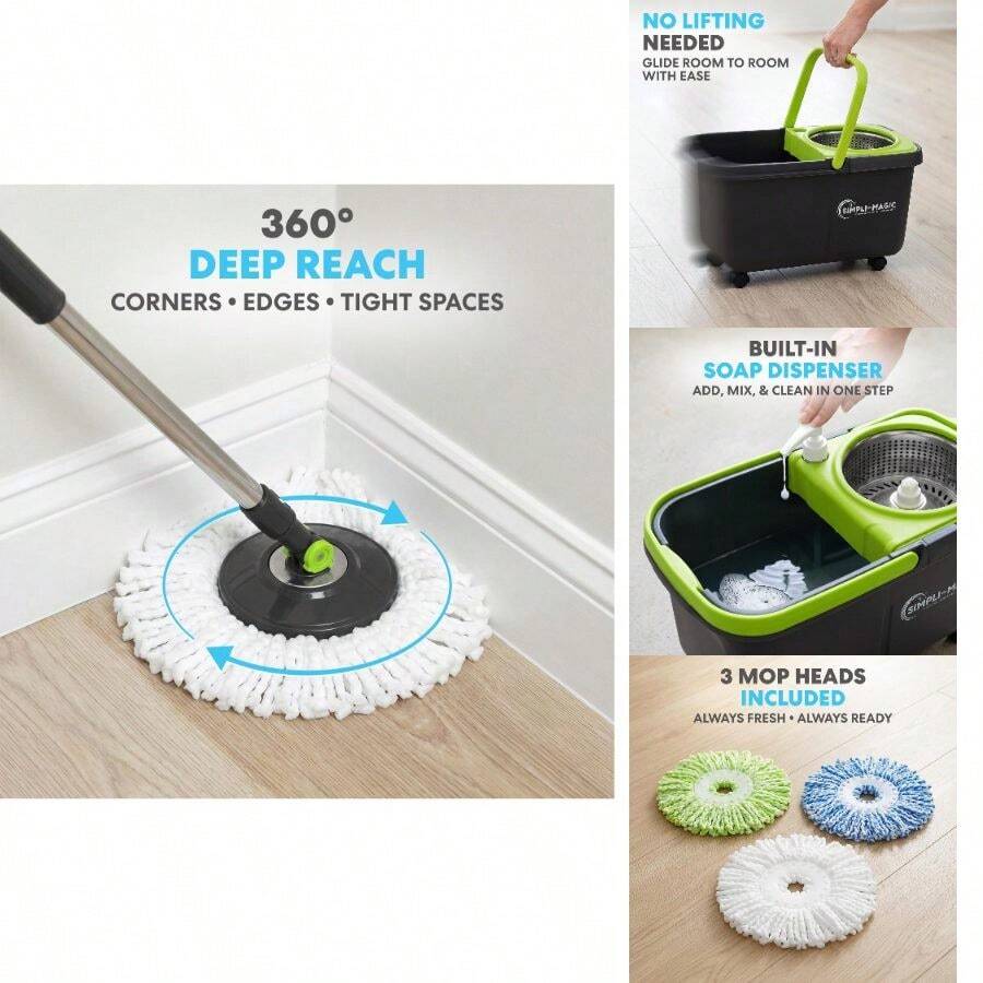 Simpli-Magic 360 Spin Mop And Bucket With Wringer - 3 High-Absorbent Microfiber Washable Heads, Soap Dispenser - Spinning Mop And Bucket Set All Types Floor Cleaning - 黑色/綠色 + 旋轉拖把 - 查看 1
