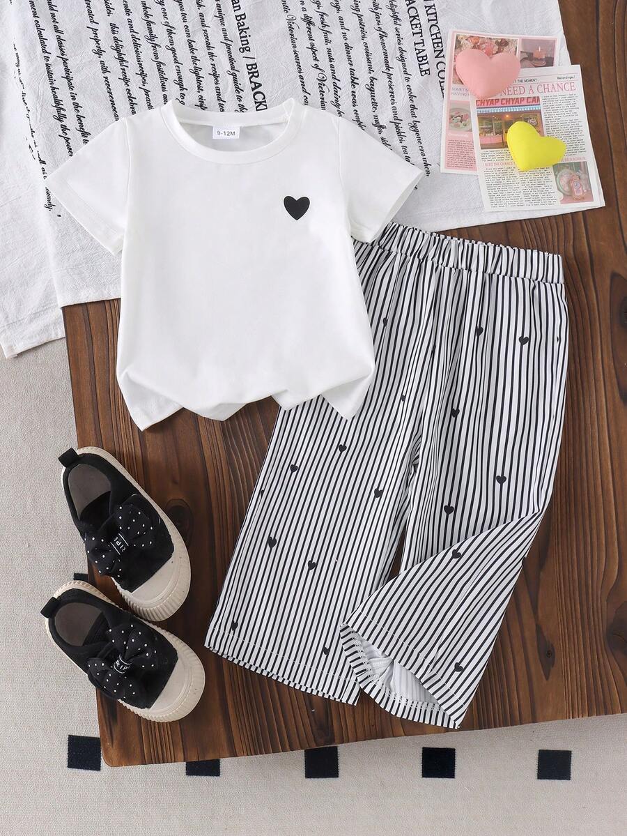 2件套女婴可爱爱心图案纯色圆领短袖T恤+爱心条纹长裤套装,夏季 - 白色 - 查看 1