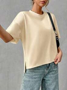 Camiseta holgada de estilo minimalista casual para mujer, con parte delantera corta y parte trasera larga, versátil para usar en la calle, adecuada para primavera y verano - Albaricoque - Ver 5