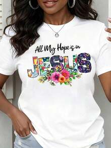 Camiseta de Cuello Redondo para Mujer con Estampado Floral "Toda Mi Esperanza Está en Jesús", Manga Corta, Ropa Casual de Fe Cristiana para la Vida Diaria, Eventos de Iglesia y Reuniones Religiosas - Blanco - Ver 7