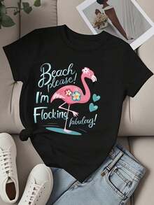 Camiseta de Cuello Redondo para Mujer con Estampado de Flamencos, Manga Corta, para Vacaciones de Verano, Fiestas y Uso Casual - Negro - Ver 2