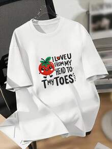 Camiseta con Estampado Gráfico de Tomate de Dibujos Animados - Manga Corta, Cuello Redondo, Estilo Casual para Mujer - Tela de Poliéster Suave, Negra, Lavable a Máquina, Uso Durante Todo el Año, Estilo Y2k - Blanco - Ver 1