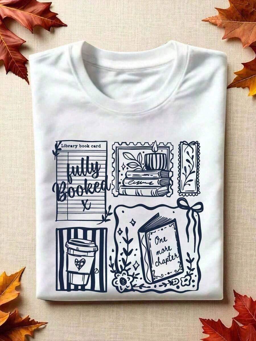 1 Piece "Just One More Chapter" T-Shirt, "Books And Coffee" T-Shirt, Literary T-Shirt, Gift Idea For Book Lovers, Flirty Reading Teacher, Flower Book, Gift For Book Club. EC-273180g 100% Cotton, Designs Are Fully Printed. Unisex. - 白色 - 查看 1