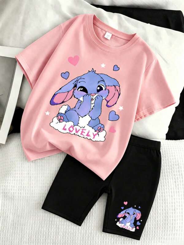 Girls' Casual Summer Set, Pink Short Sleeve T-Shirt With Shy Rabbit Cartoon Print, Paired With Black Shorts With Matching Pattern, Cute And Lively, Suitable For Daily Wear Or Campus Outfit