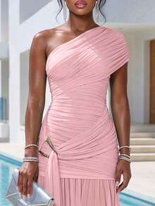 ChicMe Women's Pleated Mesh Dress With Gold Buckle, High Slit Fitted Evening Gown For Party - Baby Pink - View 6