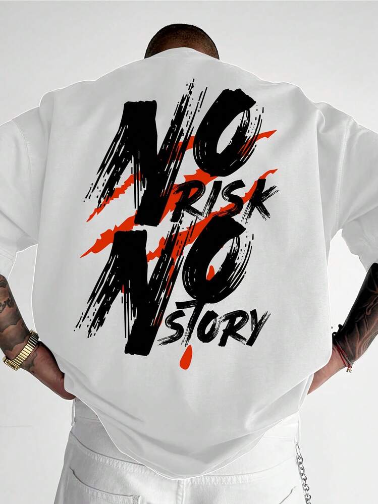 "No Risk, No Story" Casual Short Sleeve T-Shirt, Printed, Comfortable Crew Neck, Ideal For Spring/Summer - White - View 1