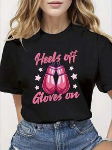 Camiseta 100% algodón, 1 pieza de ropa de invierno para mujer para el Día Internacional de la Mujer, camiseta de mujer con estampado "Quítate los tacones, ponte los guantes", DMI, estilo casual, cuello redondo, manga corta, top de moda casual, ropa elegante para fiestas, ropa de Navidad, Día Internacional de la Mujer, regalo de San Valentín, ropa de Año Nuevo, ropa de otoño, camiseta. - Negro - Ver 6