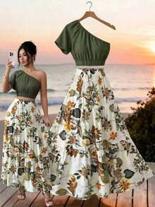 Blusa ajustada de manga corta con hombro asimétrico en color verde elegante + Falda ajustada en línea A de color beige elegante, ropa de vacaciones/resort - Multicolor 2 - Ver 8