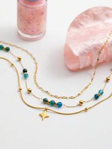 1 chiếc vòng cổ nhiều lớp phong cách Bohemian bằng thép không gỉ với hạt màu xanh lục, dây xích vàng hình rắn và mặt dây chuyền hình sao Bắc Đẩu, trang sức mùa hè đi biển. - Nhiều màu - Xem 1