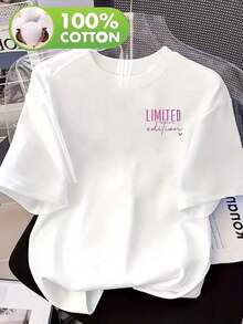 Nueva Camiseta de Algodón Puro para Mujer 2026; 100% Cómoda y Transpirable; Diseño de Hombros Caídos; Top Casual para Mujer para Todas las Temporadas; Camiseta de Manga Corta con Cuello Redondo y Corte Holgado para Mujer; Top Suave para Mujer para Usar en Casa; Top Estampado Casual y Cómodo - Blanco - Ver 5