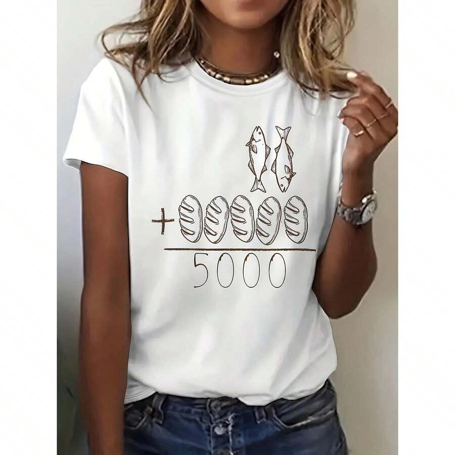 Women's Oversized T-Shirt - White Crew Neck Top With Minimalist Food Graphic, Lightweight T-Shirt For Everyday Wear, Casual Outfits And Layering, All-Weather Basic T-Shirt (Sizes XXS To 8XL) - Easy To Wash - [白色的] - 查看 1