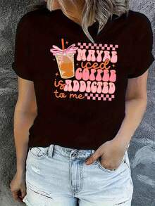 Camiseta Casual con Estampado Gráfico para Mujer - "El Café Helado es Mi Lenguaje de Amor" y Estampado de Taza de Cold Brew, Tela Suave y Elástica, Corte Relajado, Cuello Redondo, Manga - Negro - Ver 10