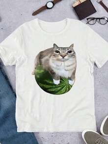 1 Camiseta de Moda Casual para Hombres y Mujeres con Gráfico Divertido de Gato con Expresión de Sandía, una camiseta de mujer con un estampado de sandía humorístico. Versátil, fácil de combinar, adecuada para uso diario, estilo urbano, atuendos de vacaciones y de fin de semana. - Blanco - Ver 5
