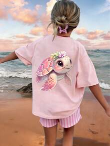 Tween Girl' Cute Turtle Graphic Tee, Girls' Casual Short Sleeve T-Shirt - Pink - View 1