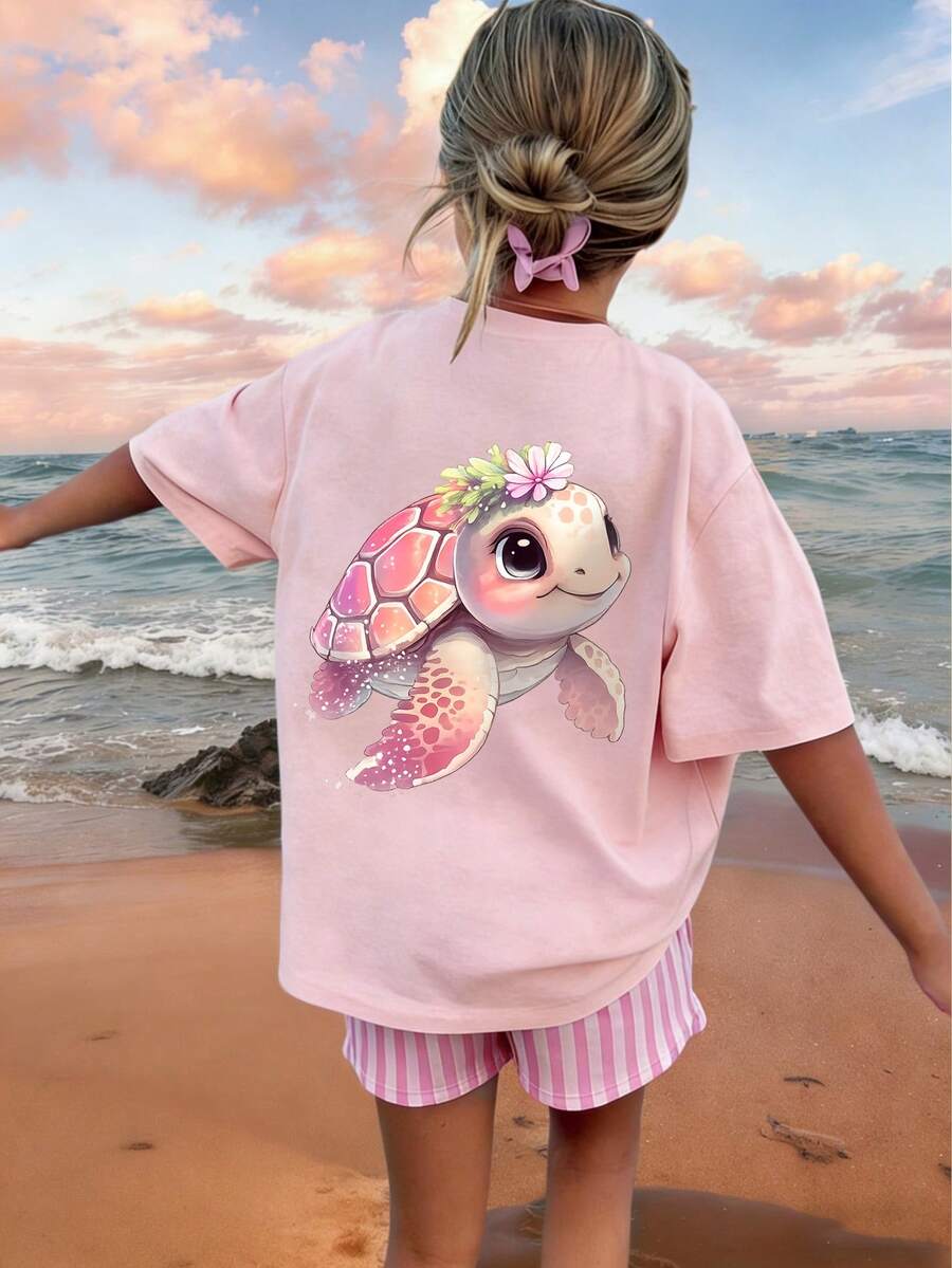 Tween Girl' Cute Turtle Graphic Tee, Girls' Casual Short Sleeve T-Shirt - Pink - View 1