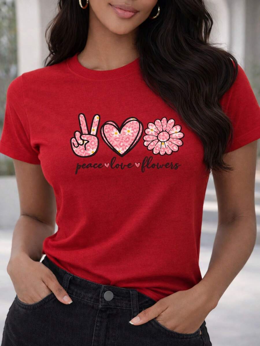 Camiseta suave 100% algodón, camiseta casual para mujer con letras cursivas, retro, símbolos de paz, amor y flores, estampado de leopardo, corazón, camiseta de algodón transpirable, combina con todo, genial. - Rojo - Ver 1
