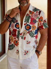 GOLDREDY Men's Summer Vacation Casual Commute Minimalist Floral Print Shirt - White - View 4