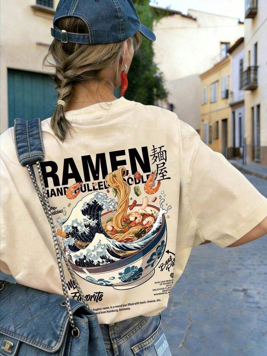 Camiseta de manga corta de cuello redondo con estampado de ramen, de moda minimalista y versátil, adecuada para mujer, color blanco - Albaricoque - Ver 1