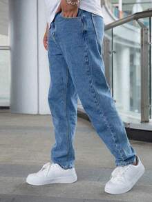Jeans de mezclilla azul oscuro con estilo Ins personalizado para niños adolescentes - Azul - Ver 3