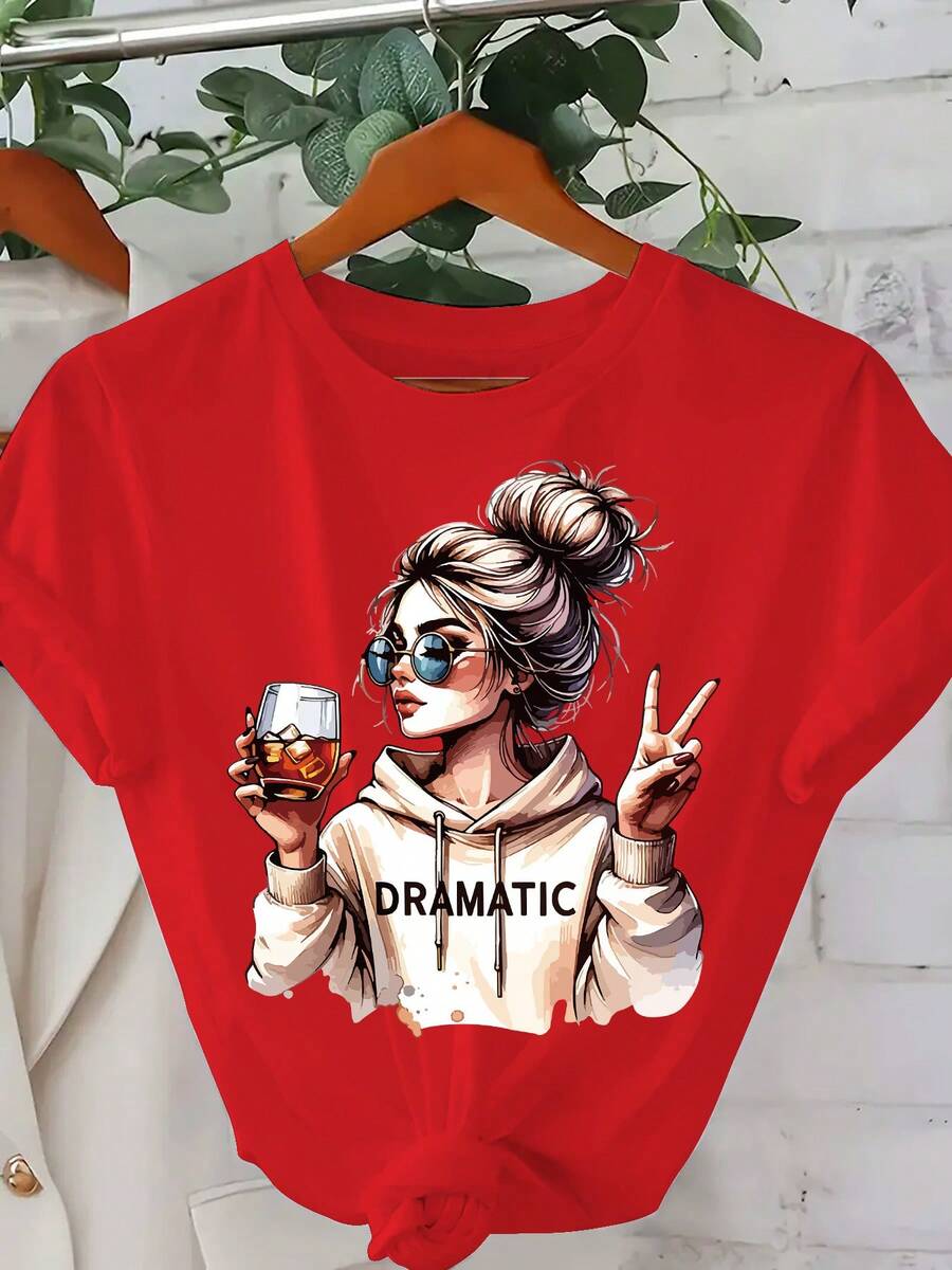 Soft 100% Cotton "DRAMATICA" T-Shirt, 1 Piece, Short-Sleeved T-Shirt With A Round Neck And Print For Women, Casual And Comfortable For Everyday Wear, Print Combined With A Comfortable Round Neck, The Perfect Choice For Summer. Breathable Cotton T-Shirt, Goes With Everything. - 紅色 - 查看 1