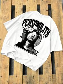 Manfinity LEGND Men's Loose Fit Black T-Shirt, Vintage Style Street Mythology Graphic Print, Lightweight Comfortable Short Sleeve Ideal For Summer, Versatile Youthful Urban Casual Wear - 白色 - 查看 9